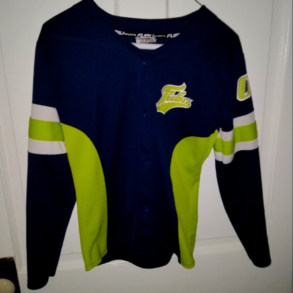 Women's FUBU shirt in blue and lime green